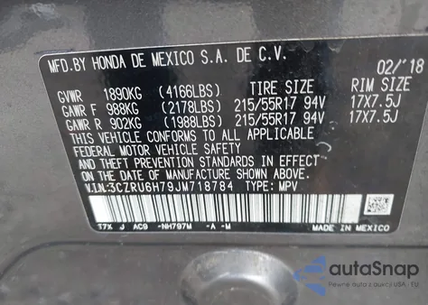 2018 Honda Hr-V Ex-L from USA, damaged, VIN 3CZRU6H79JM718784
